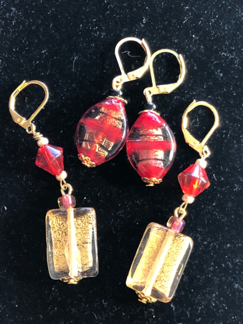 2 art glass red gold dangle earrings lot